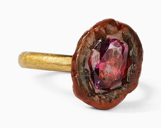 Anello Solitario in Bronzo e Ottone | Pietra Dura Sintetica Rosa
